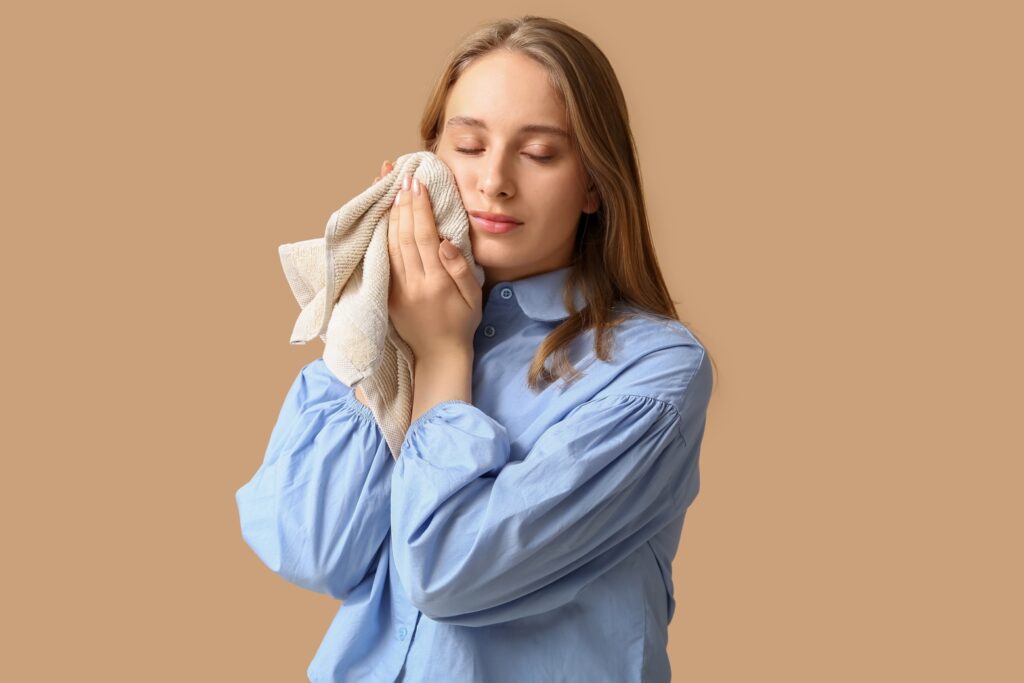 Mujer aplicándose una toalla fría en la cara aliviando la inflamación.
