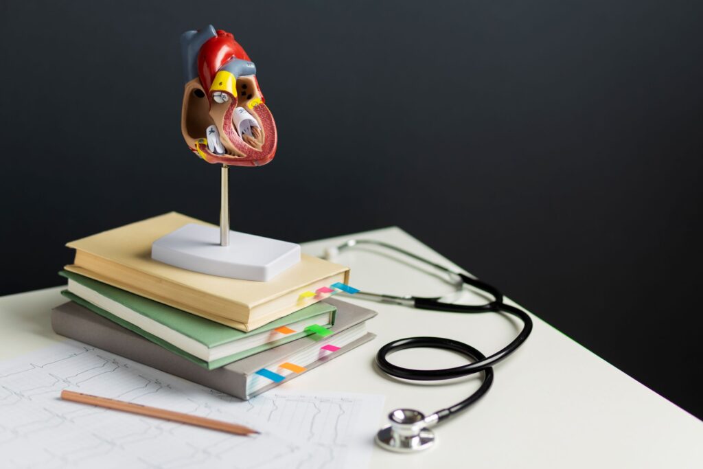 Corazón de plástico sobre unos libros. Insuficiencia tricuspídea es una afección cardíaca que afecta a una válvula del corazón