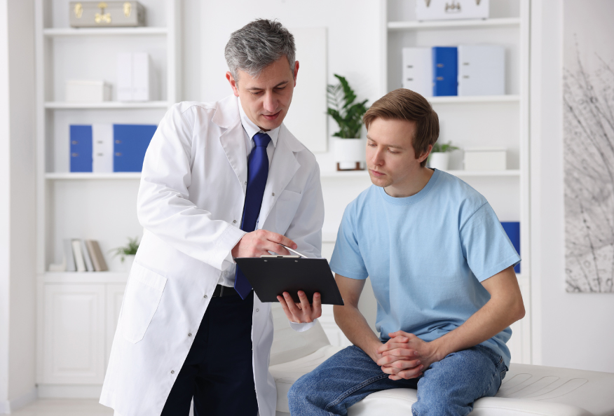 Médico explicando los resultados del análisis de PSA a un paciente en consulta médica.